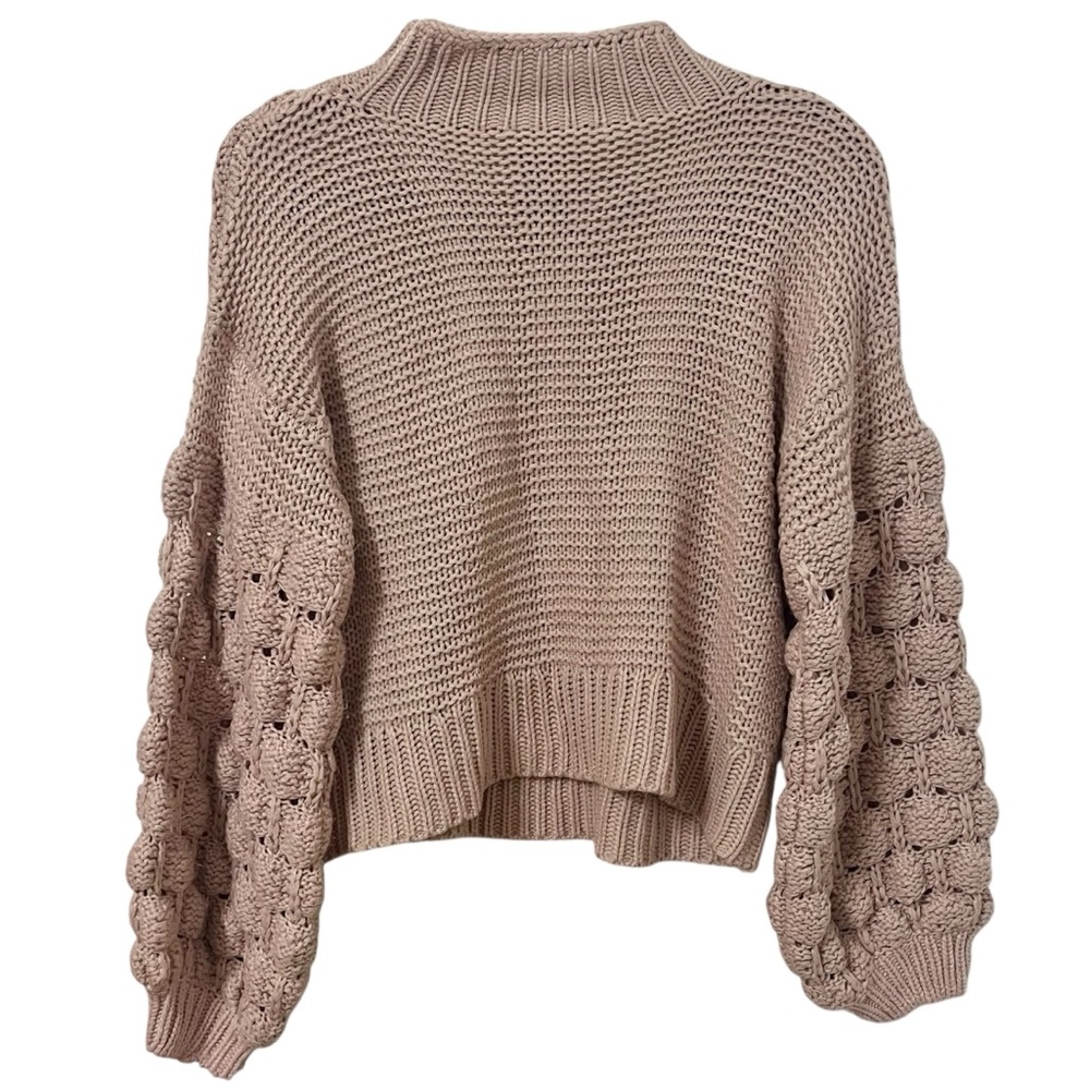 SEVEN SISTERS Light Pink Chunky Knit Mock Neck Sweater Bubble Sleeves Size M